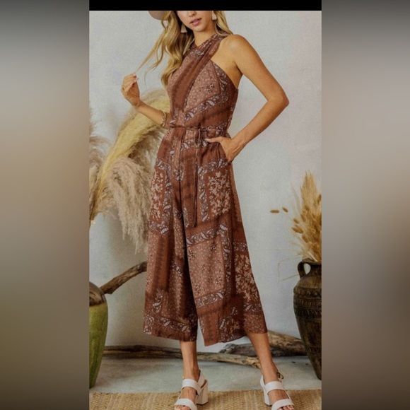Endless Blue New nwt Brown Patterned Jumpsuit sz S cross cross - Picture 1 of 5